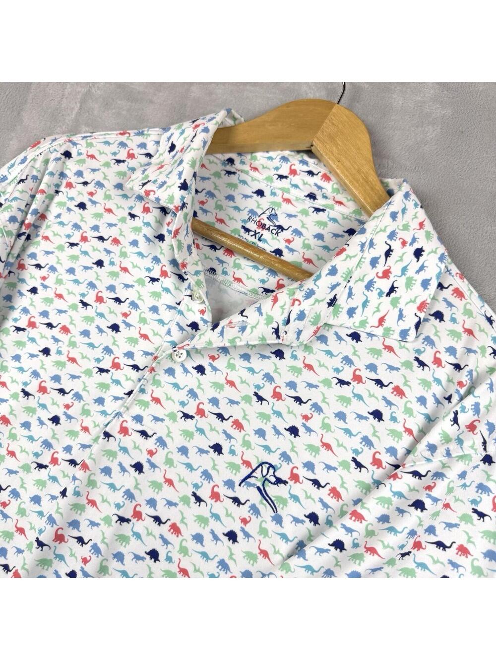 Rhoback Dinosaur Print Polo Shirt XL Performance Stretch Golf Casual Preppy Mens